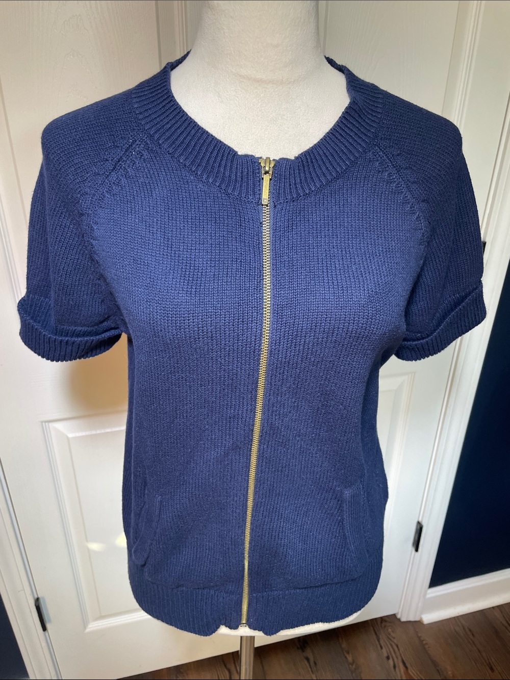 Chaps Navy Blue Short Sleeve Full Zip Cardigan Sweater Top Pockets Size Large